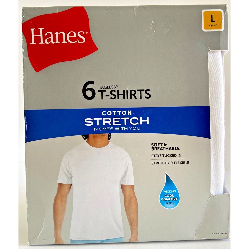 Hanes Men’s T-Shirts Large  Tagless 6 White  Cotton Stretch Pack wicking soft